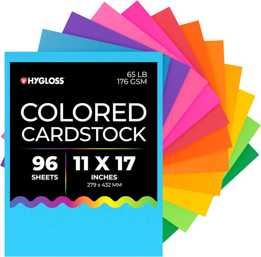 Hygloss Products Bright Colored Cardstock - 96 Sheets - 11x17 Card Stock Paper- 10-12 Bright Colors
