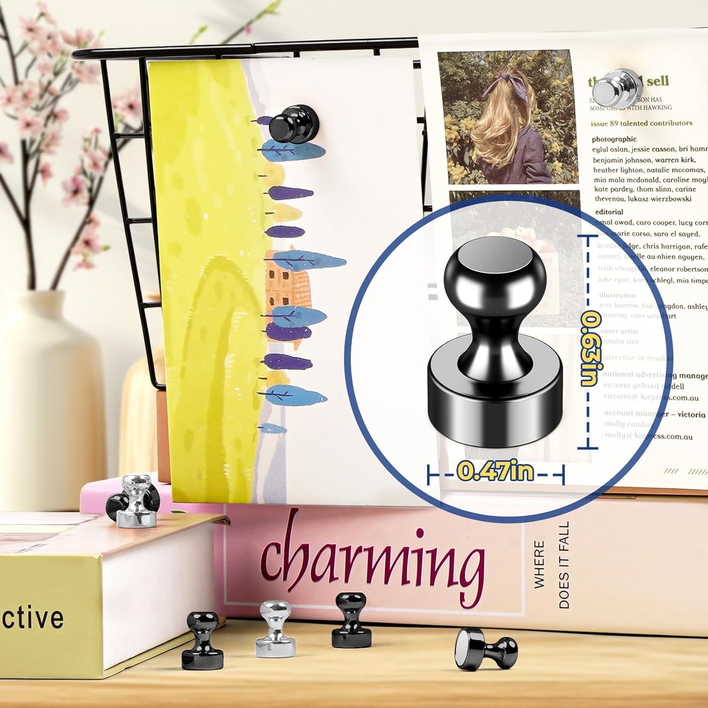 VNDUEEY 12 Pcs Fridge Magnets Refrigerator Magnets, Black-Silver Whiteboard Magnets, Magnetic Push Pins, Strong Metal Magnets for Locker, Office, School, Home