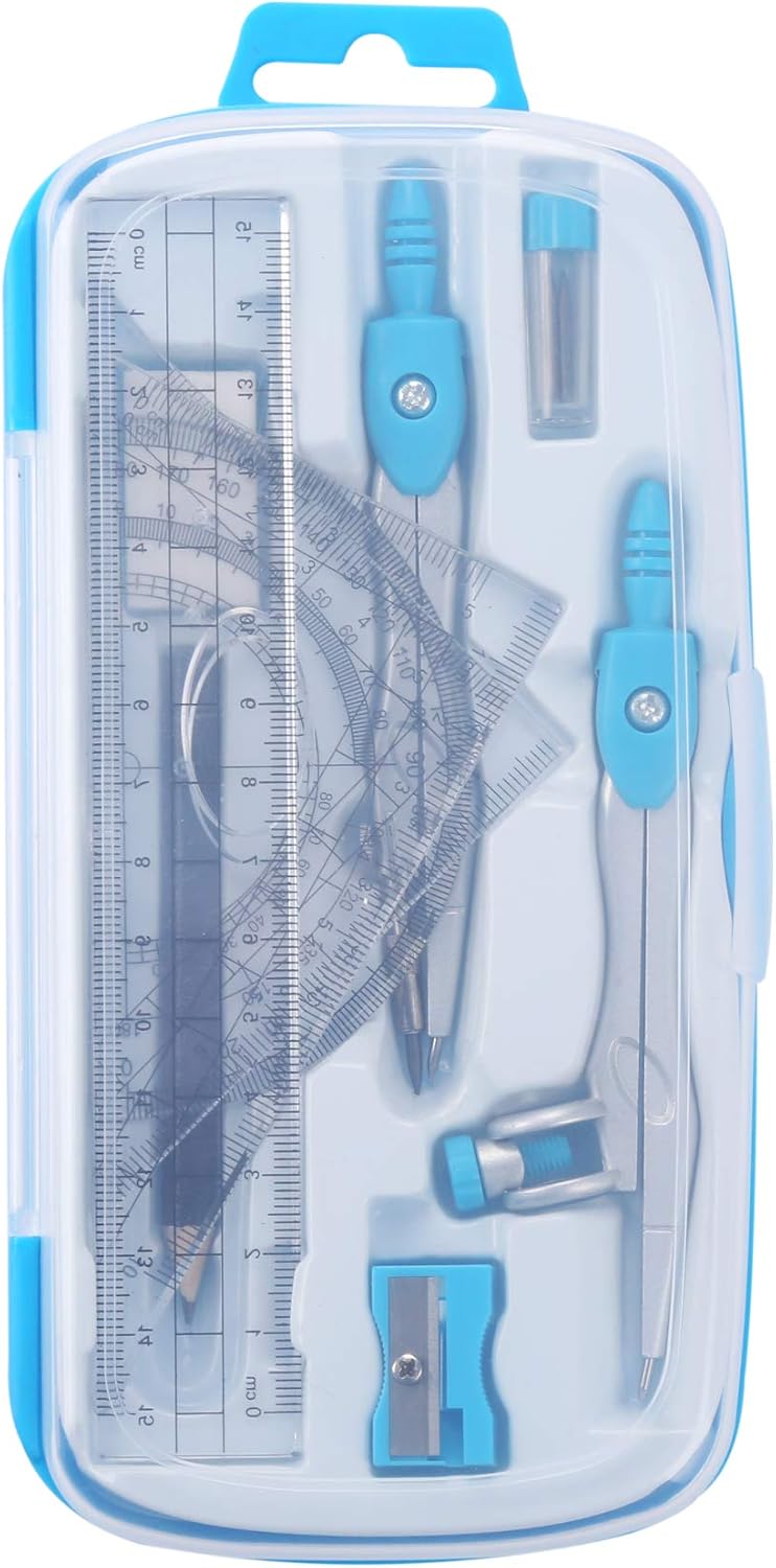 Math Geometry Kit Sets 10 Piece Student Supplies with Shatterproof Storage Box,Includes Rulers,Protractor,Compass,Eraser,Pencil Sharpener,Lead Refills,Pencil,for Drafting and Drawings（Blue）
