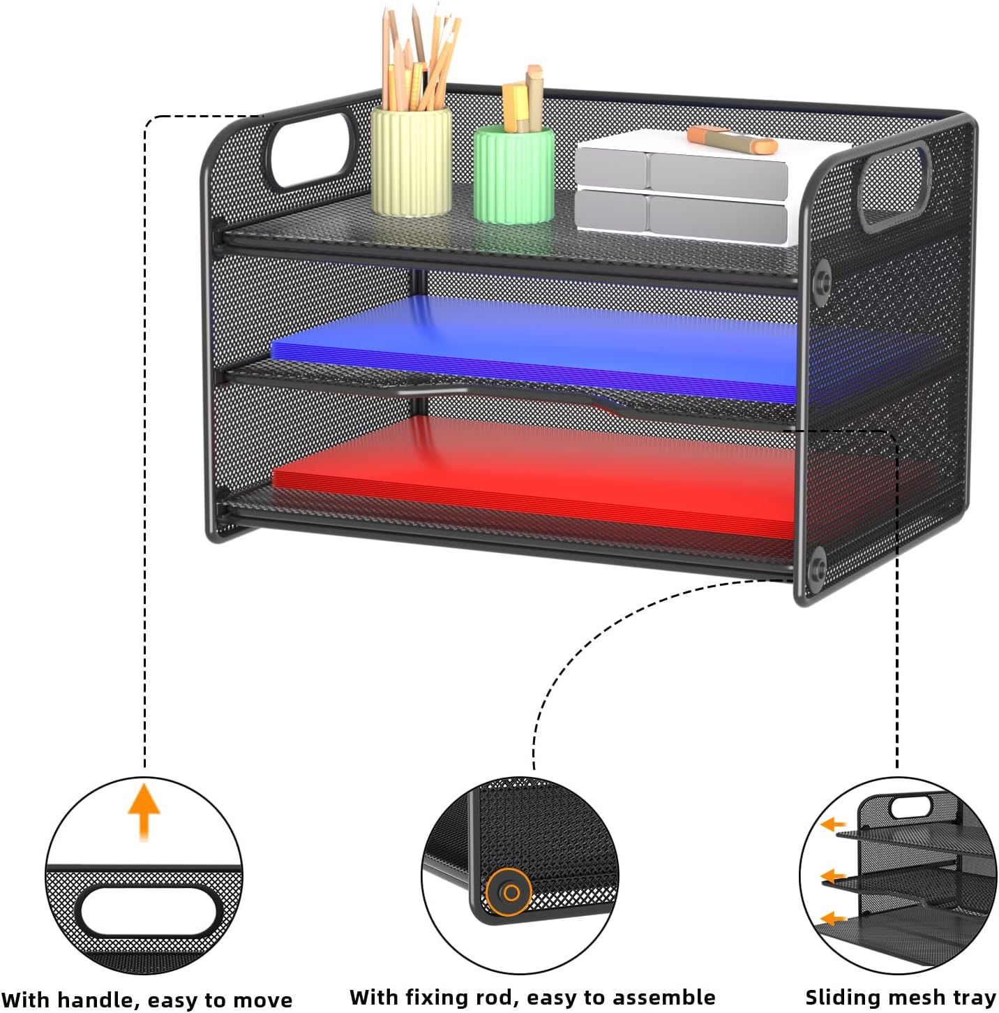 Samstar 3 Tier Letter Tray Paper Organizer with Handle, Mesh Desk Organizer Paper Sorter File Rack Shelves, Black