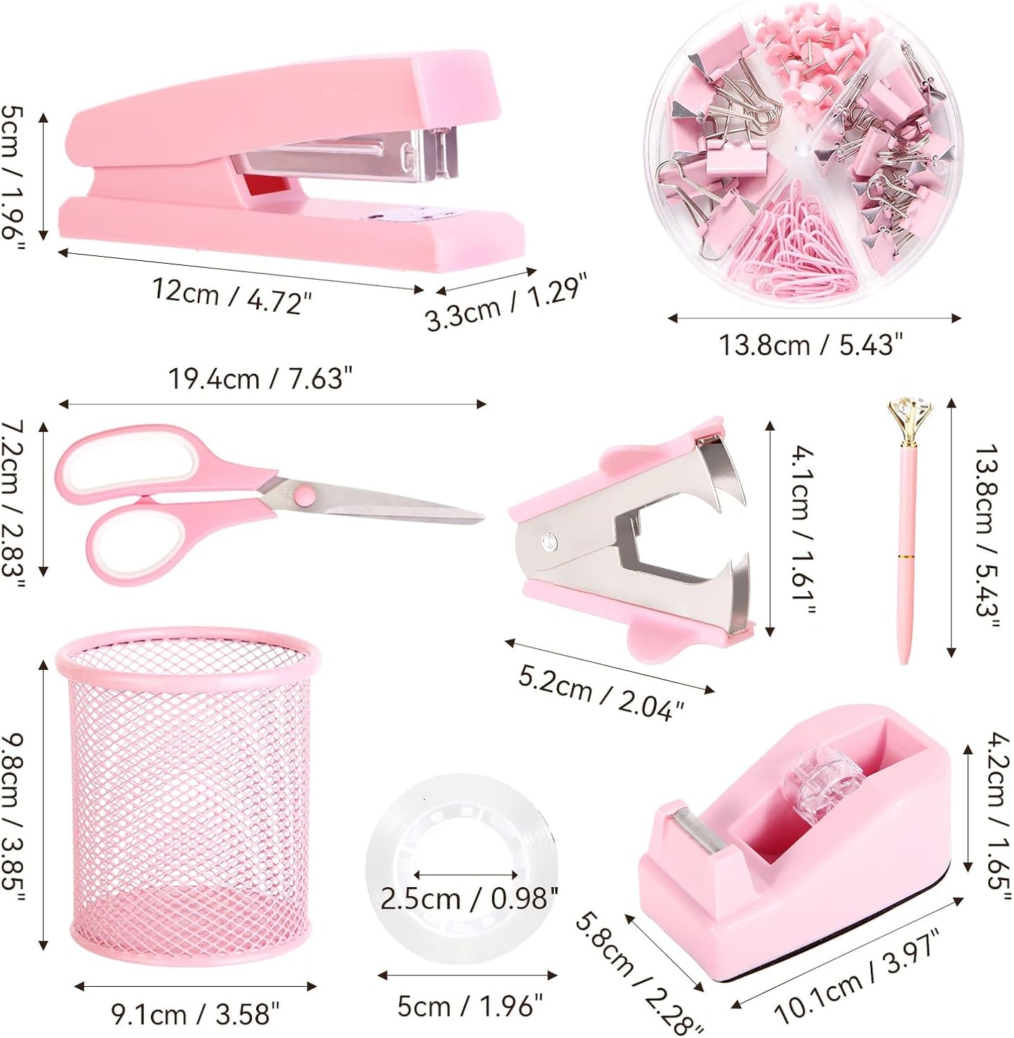Pink Desk Accessories, Pink Office Supplies Set with Stapler, Tape Dispenser, Staple Remover, Pen Holder, Scissor, Binder/Paper Clips, Ballpoint Pen, Clear Tape and 1000pcs Staples