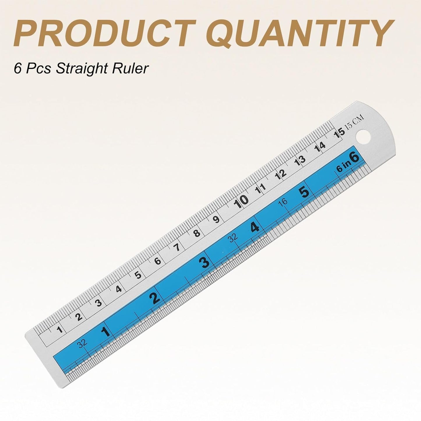 HARFINGTON 6pcs Metal Straight Ruler 15cm Metric SAE Aluminum Alloy Measuring Rulers Scale Tools with Hole for Measure Study Reading Classroom Office, Blue