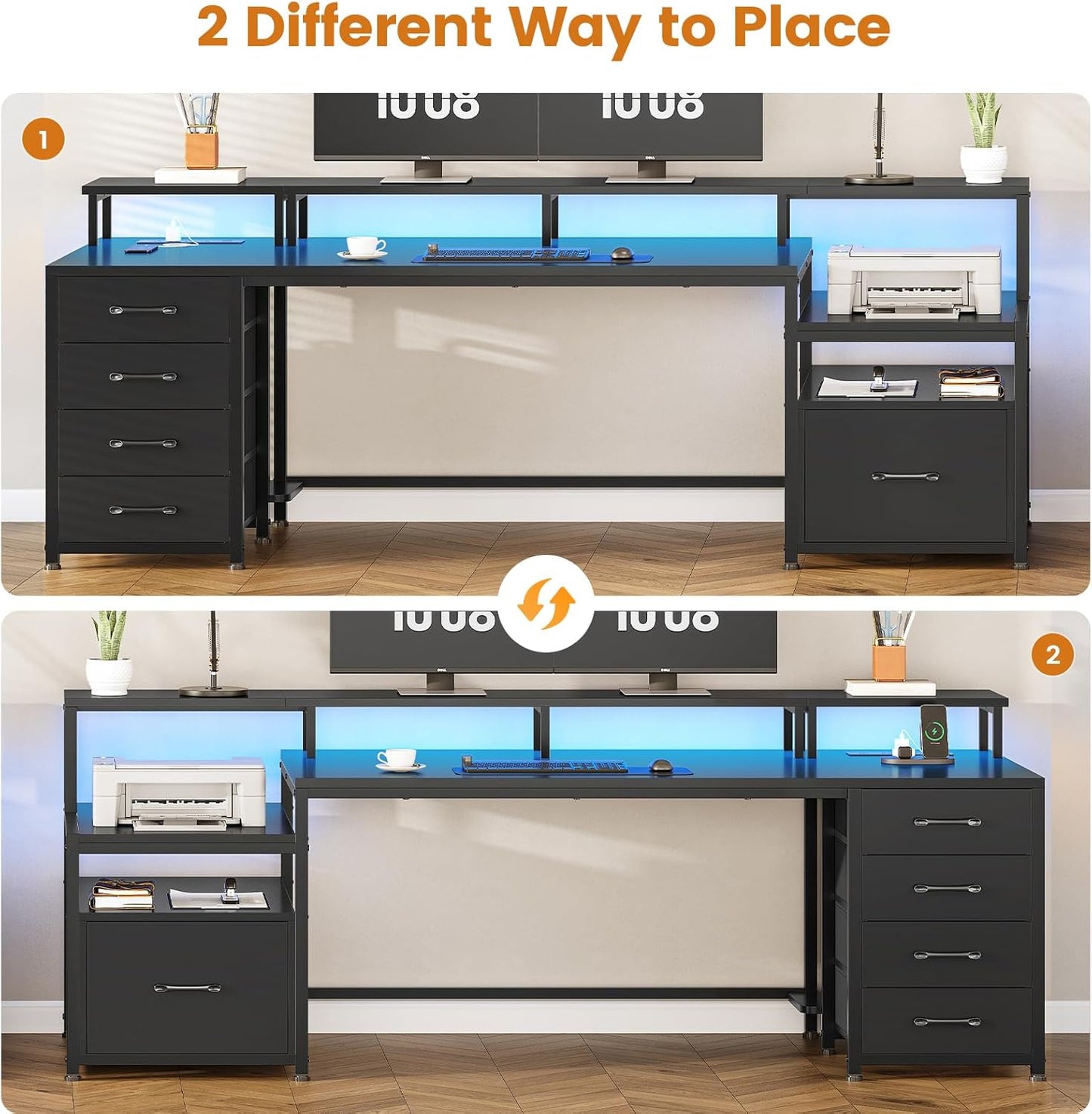 SEDETA 75'' Computer Desk with 5 Drawer, Power Outlet & Led Lights, Home Office Desk with File Drawer, Storage Shelves, Printer Cabinet and Monitor Shelf, 23.6" W Large Desktop Gaming Desk, Black