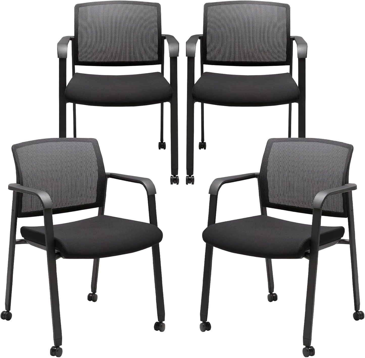 CLATINA Mesh Back Guest Reception Arm Chairs with Wheels, Waiting Room Chairs with Upholstered Fabric Seat and Ergonomic Lumbar Support for Office