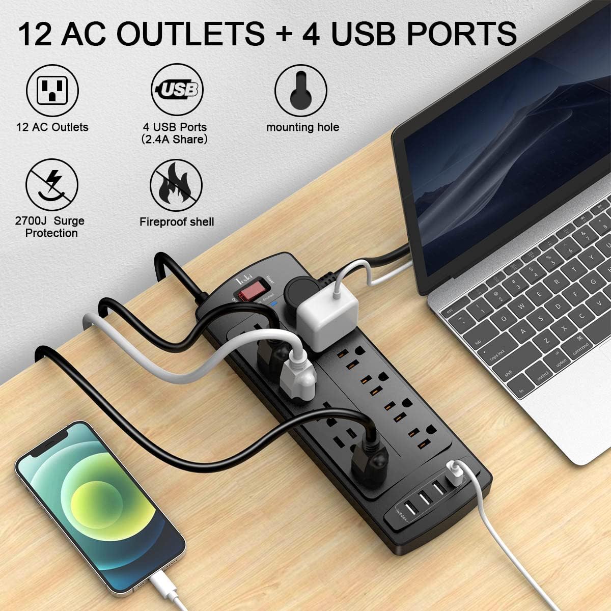 Power Strip, Tcstei Surge Protector with 12 Outlets and 4 USB Ports, 15 Feet Extension Cord (1875W/15A) for Home, Office, Dorm Essentials, 2700 Joules, ETL Listed, Black