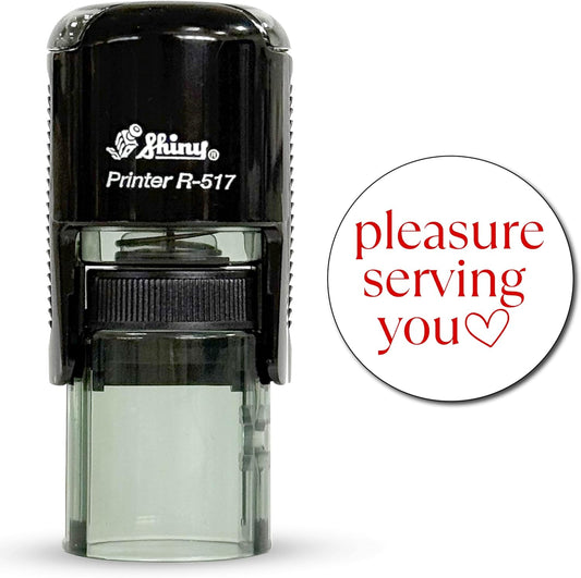 Shiny Pleasure Serving You Stamp, Round Self Inking Stamp for Office and Retail, Red Ink