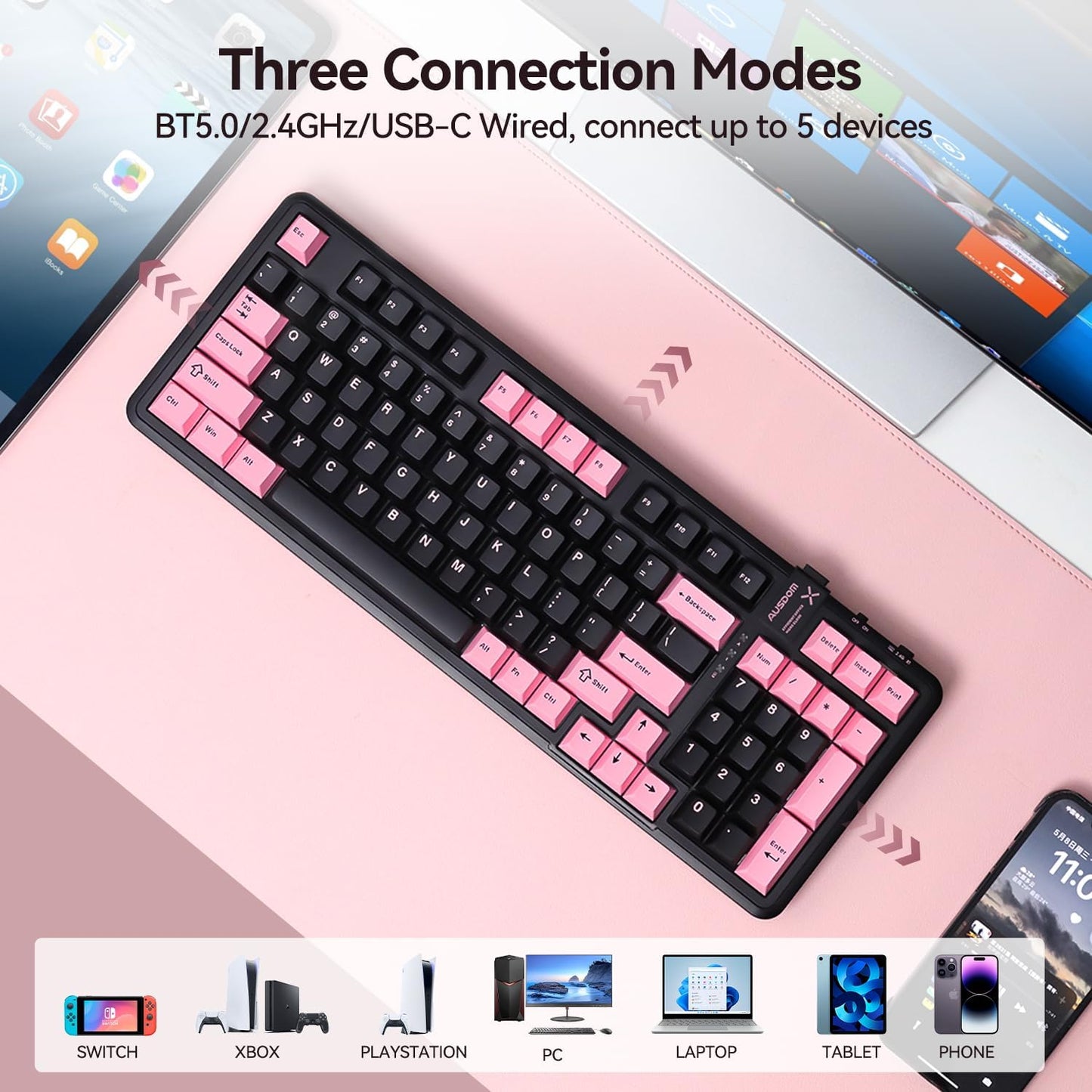 AUSDOM 98Pro Silent Wireless Mechanical Keyboard, Tri-Mode BT/2.4G/USB-C Hot Swappable Custom Quiet Keyboard with Backlit, Gasket Structure, PBT Keycaps, Pre-lubed Tactile Switches(Black Pink 97keys)