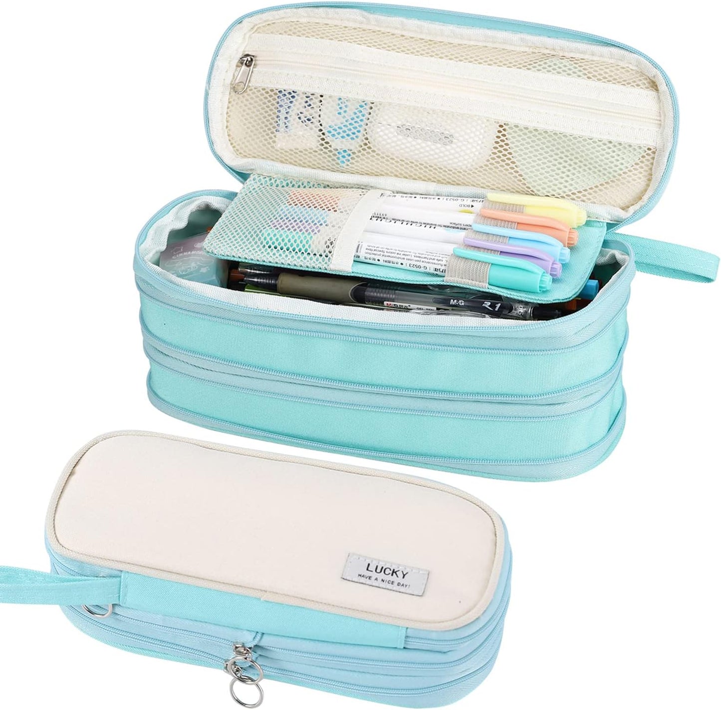 Big Pencil Case Zipper Pencil Pouch Organizer Large Capacity Pen Bag with Handle Portable for Girls Kids Adults Gift Pen Case for School Home Office Light-blue