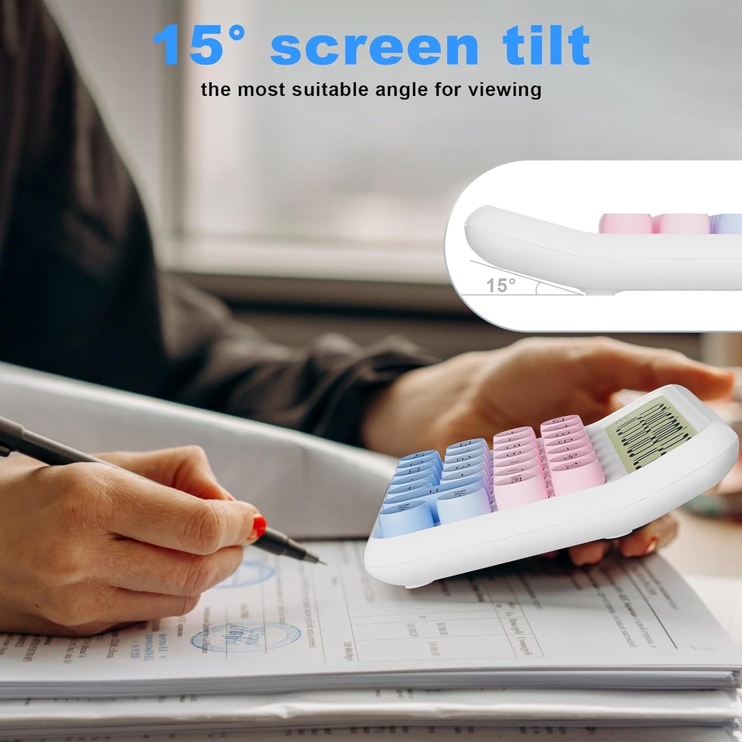 Mechanical Calculator 12 Digit Extra Large 5-Inch LCD Display, DECKLIT Battery Desk Calculator, Big Buttons Easy to Press Office Calculators Desktop, 15°Tilt Screen for Kids Calculator(Blue&Pink)