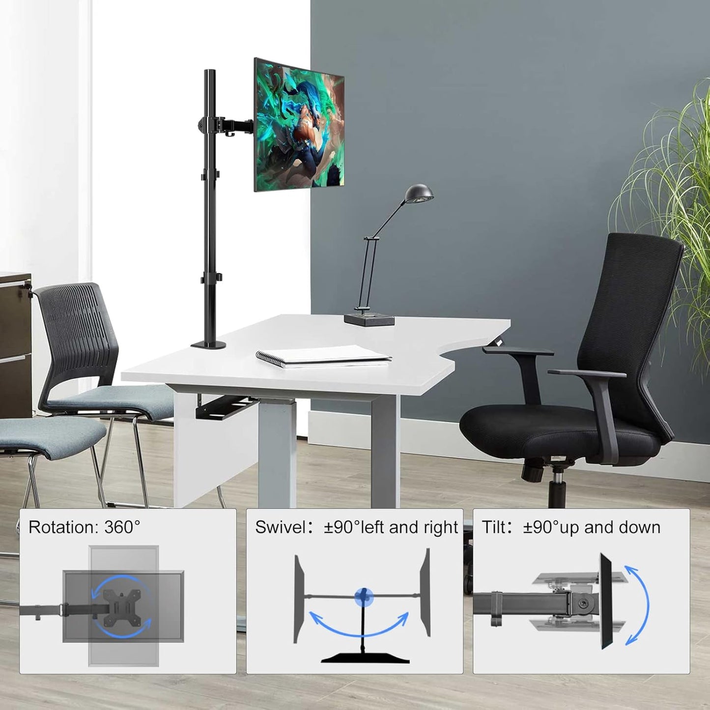 Suptek Single Monitor Arm Desk Mount Fully Adjustable Monitor Stand for 1 / One Screen up to 32 inch Extra Tall 31.5 inch Pole,Black (MD6821)