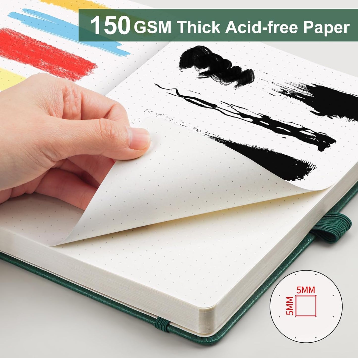 AHGXG Bullet Dotted Journal - 150 GSM Dot Grid Notebook Journal, Thick Acid-Free Paper, A5 Dotted Notebook 128 Pages, Leather Hardcover, Inner Pocket, Journal Stencil, 5.7'' × 8.3'' - Green