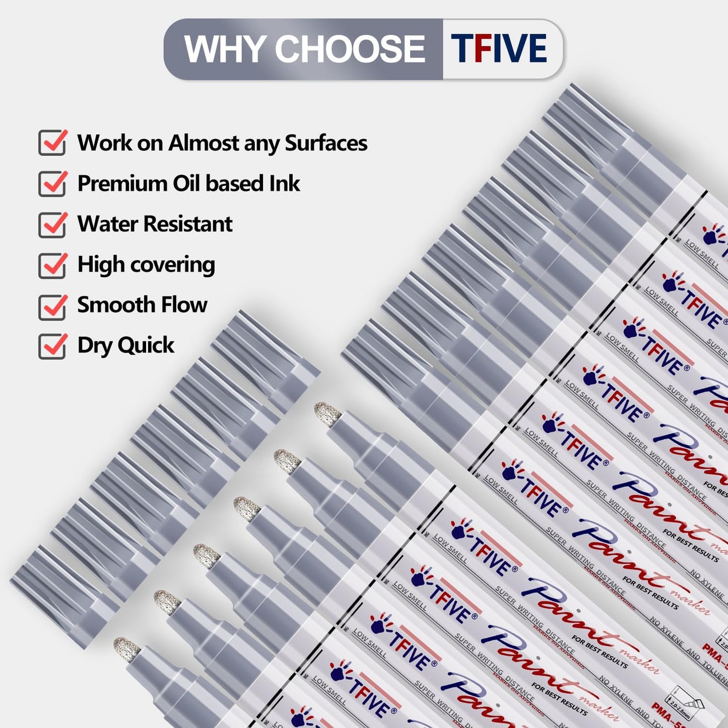 TFIVE Silver Paint Pens Markers - 12 Pack Oil Based Permanent Marker, Medium Tip, Never Fade, Quick Dry, Waterproof Paint Pen for Rocks Painting, Wood, Fabric, Plastic, Canvas, Glass, Metal