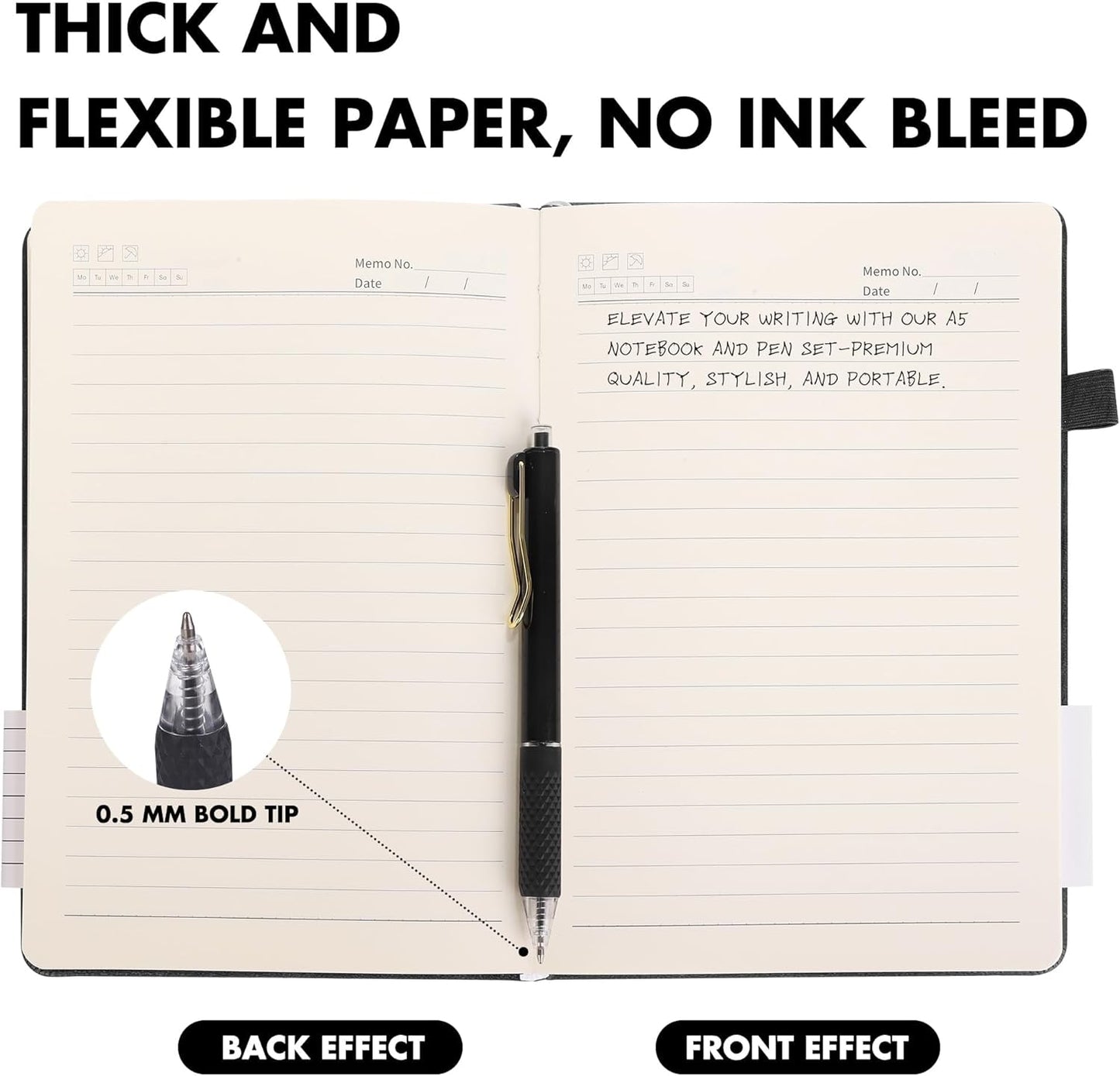 Aodaer Lined Notebook Journal with Pen A5 Notebooks 100 GSM College Ruled Hardcover Notebook PU Leather Notepad with Pen Holder for Office School, 5.7 x 8.3 Inches, Black