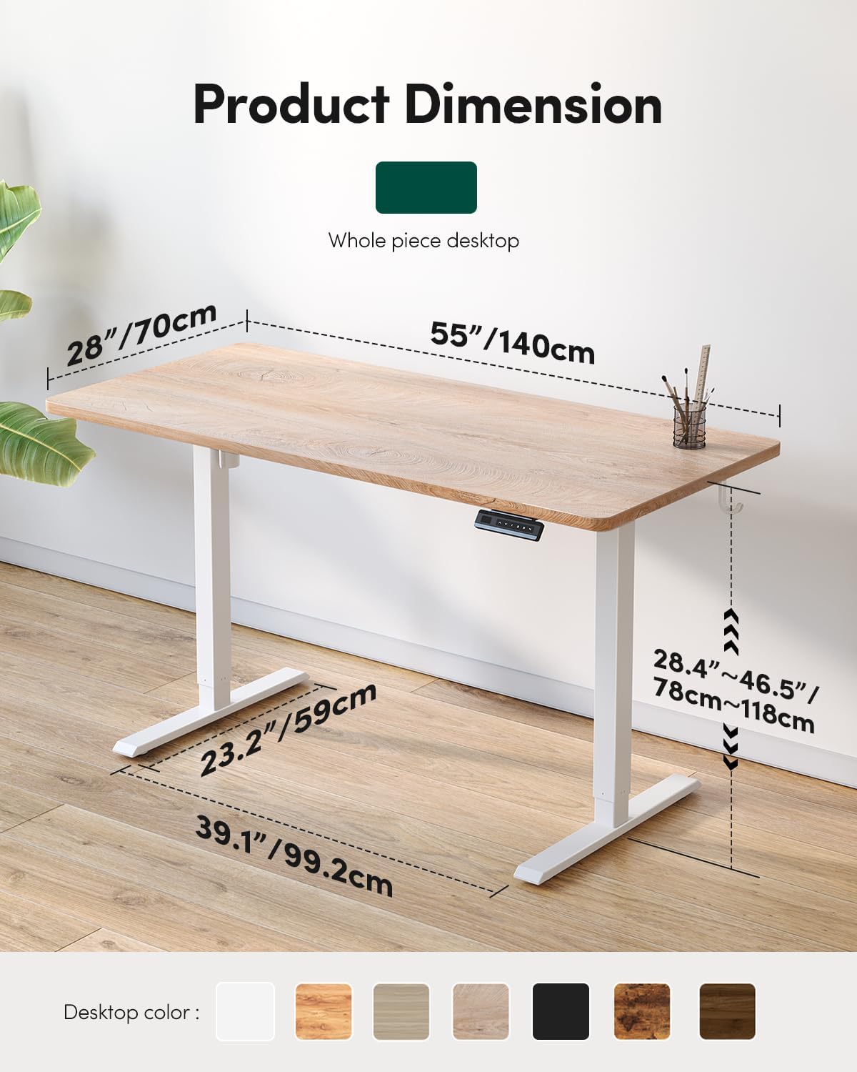 FEZIBO One-Piece Standing Desk Adjustable Height Stand up Home Office Desk, 55x24 Inch Electric Standing Computer Desk, with 4 Memory Presets, Fixable casters, Maple