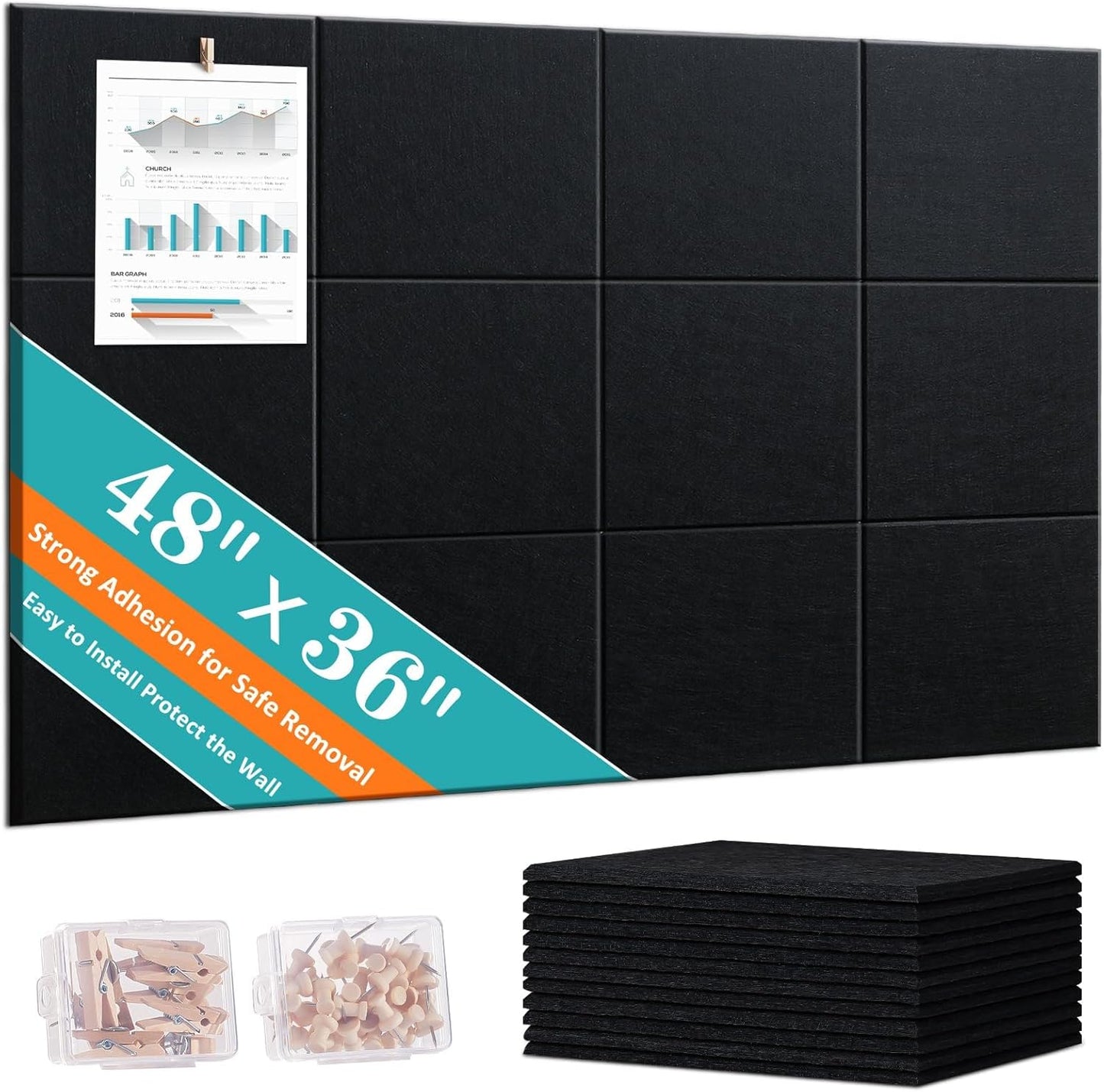 Black Cork Board 48" x 36" - 12 Pack Felt Wall Tiles with Safe Removable Adhesive Tabs - Large Cork Board for Office Classroom Home Walls Decor - Black