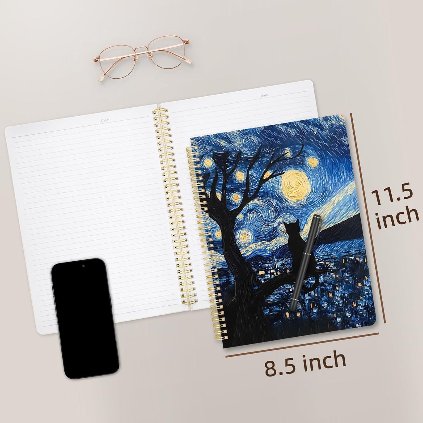 Cute Spiral Notebook journal A4 Aesthetic Pretty Design for Women Girls Kawaii with Pocket, 8.5 x 11 inch, Lined, Cat Galaxy