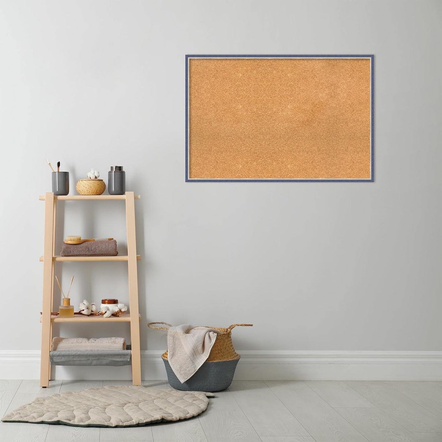 Amanti Art Natural Cork Board for Wall, 25x37 Vision Board with Blue Wood Frame, Large Corkboard Office Decor for Home Organization, Modern Contemporary Corkboard Pinboard to display items for home