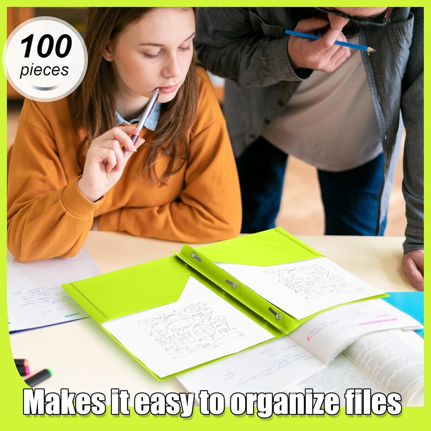 Lincia 100 Pcs Plastic Folders With 2 Pockets and Prongs for Office, School, Students, Teachers, Office Workers (Fluorescent Green)