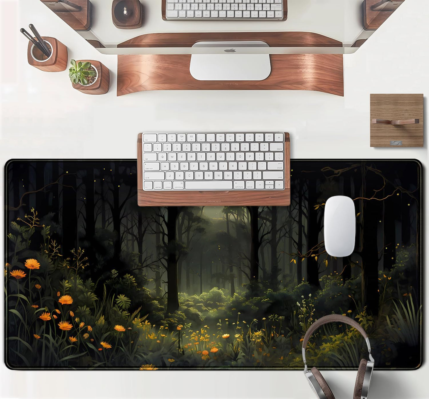 Dark Forest Desk Mat Mouse pad, Green Nature Deskmat XXL Large Extended Aesthetic Plant Mousepad Gaming Desk Pad, Big Laptop Computer Keyboard and Mouse Mat for Women Office Desk Decor 31.5x15.7 in