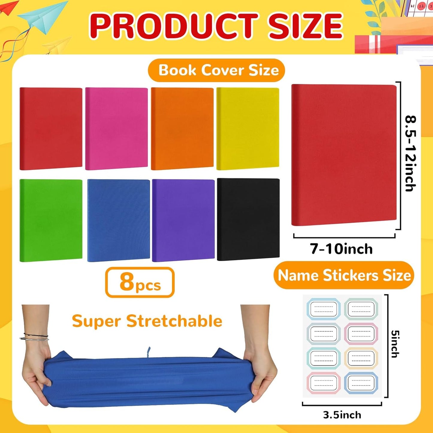 Jumbo Book Covers 8 Pack Reusable Fabric Book Cover Protective Books Covers 9 x 11 Inch Colorful Stretchable Books Sleeve Cover with Label Sticker for Most Hardcover Textbooks Up to 10 x 12.5 Inch