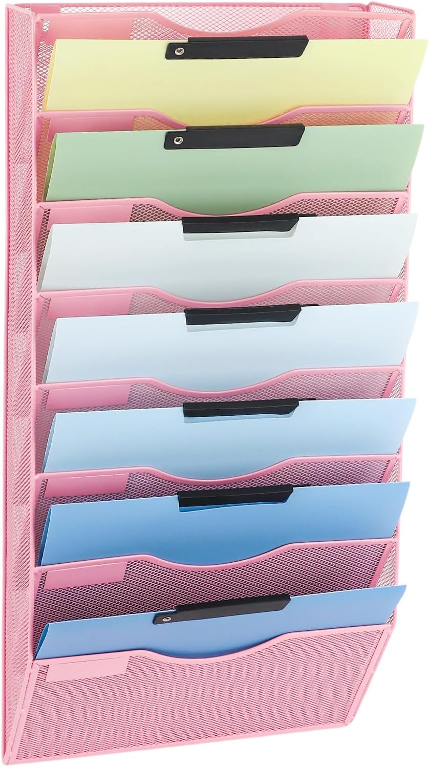 EASEPRES 8 Pocket Mesh Hanging Wall File Organizer, Wall Mounted Mail Paper Document Folder Holder, Clipboard Storage Organization Magazine Rack with Nametag Label for Office Home School, Pink