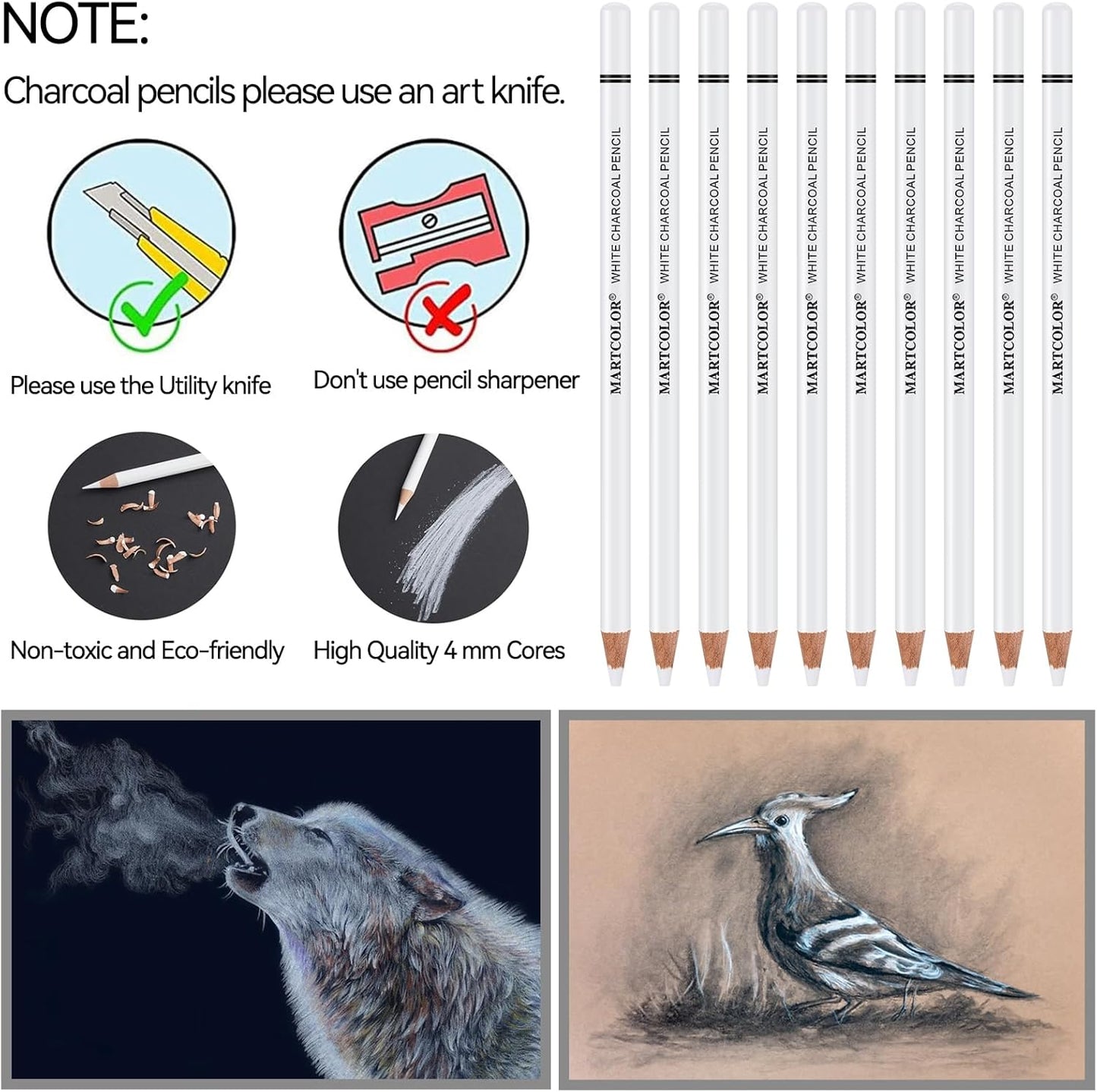 Professional White Charcoal Pencils Set, 10 Pieces Sketch Highlight Charcoal Pencils for Drawing, Sketching, Shading, Blending, White Chalk Pencils for Beginners & Artists