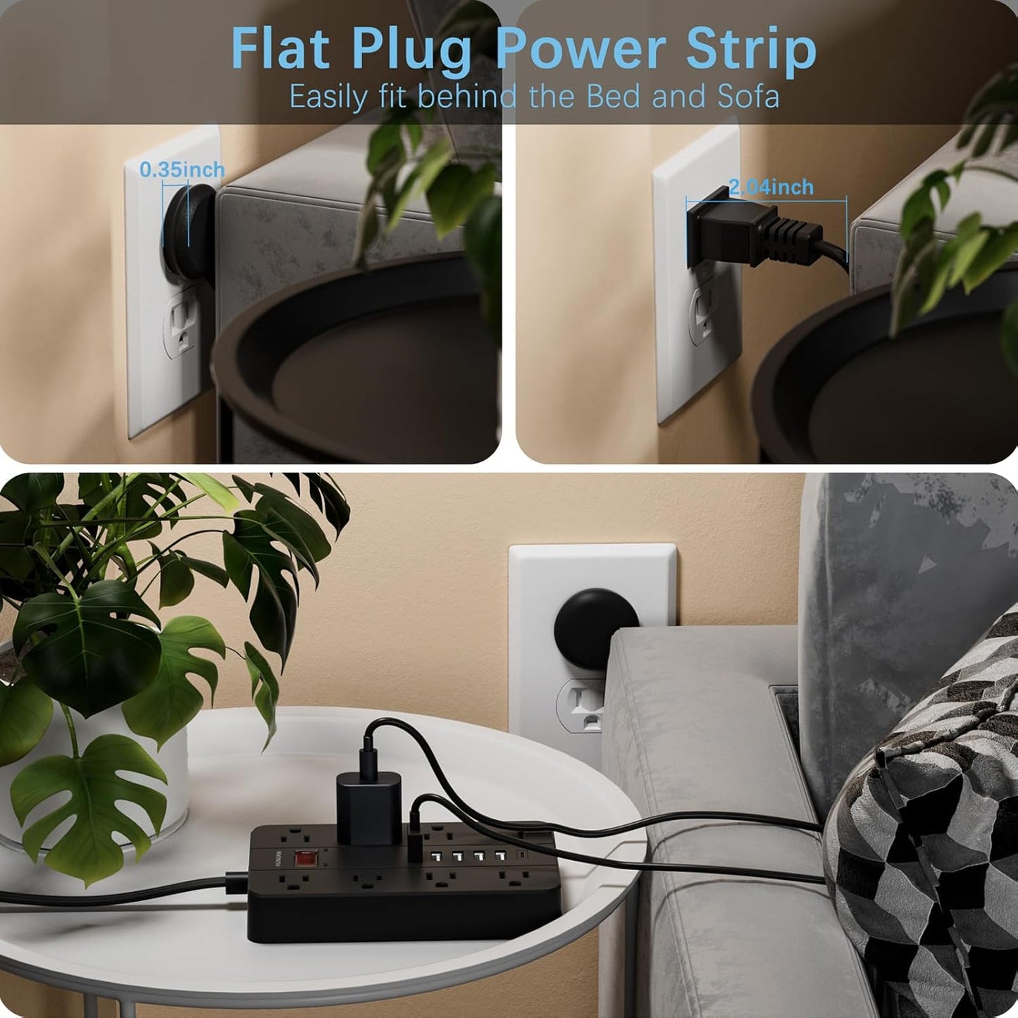 Power Strip Surge Protector, HUNIAN Flat Plug 10 Ft Long Extension Cord with 8 Widely Spaced Outlets 6 USB (1 USB C Port), Wall Mount Charging Station for Home and Office