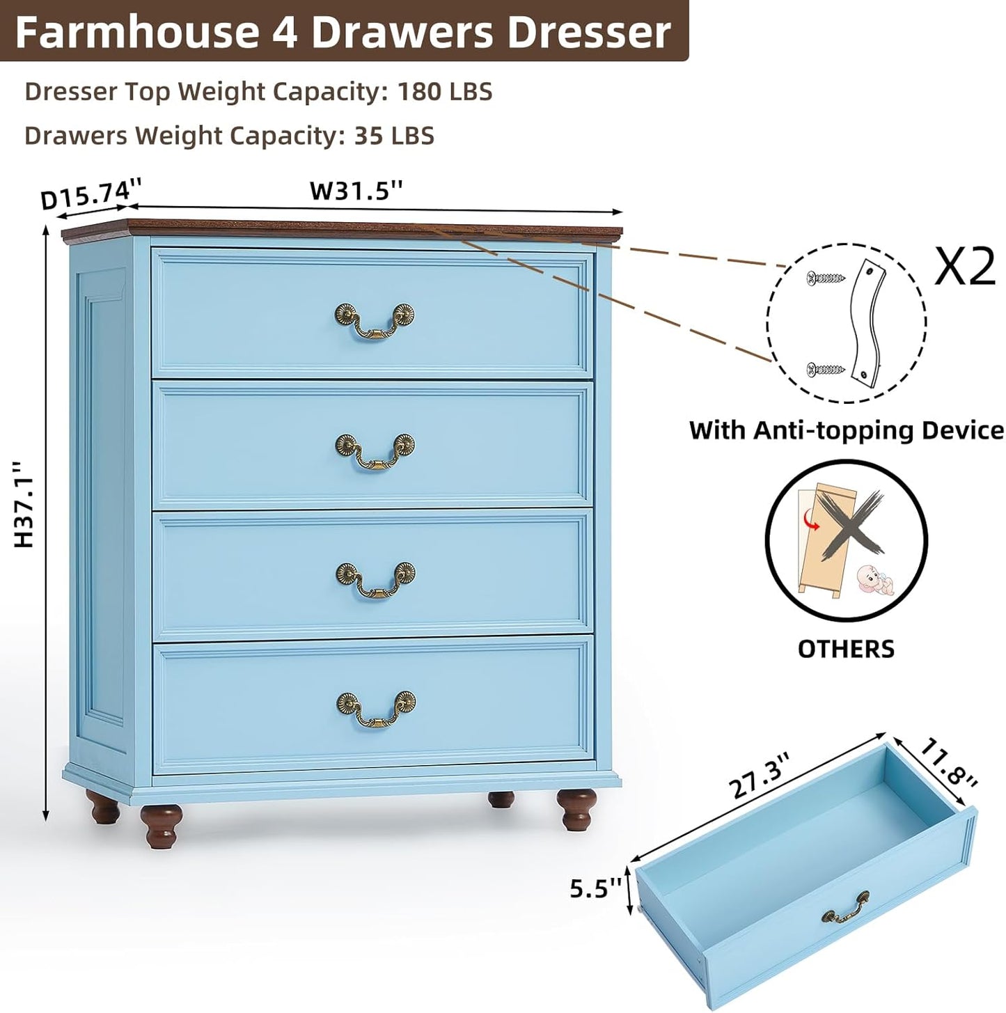 Farmhouse 4 Drawer Dresser Set of 2 for Bedroom, 37" Tall Rustic Chests of Drawers w/ 4 Solid Wood Feet, Mid Century Vintage Wooden Closet Storage Dressers Organizer for Living Room,Light Blue
