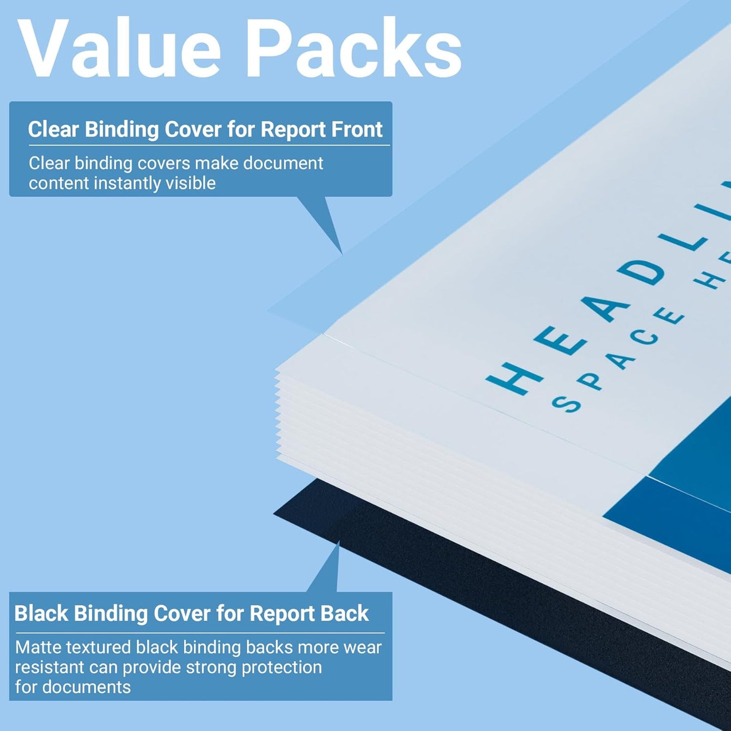 Ndsox 200 Pack Binding Covers and Backs Set 8.5 x 11 Inches Letter Size, 100 8-Mil Clear Binding Covers, 100 12-Mil Black Sand-Textured Binding Presentation Polycovers, Un-Punched, Square Corners