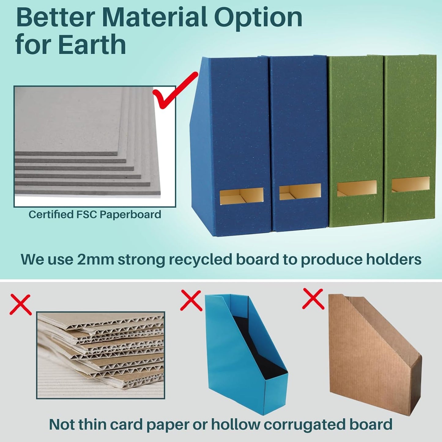 Magazine Holder - File Holder and Desk Organizer, Paperboard Book Organizer and Storage Box for Documents, Magazine Holder Rack for Classroom, Home, and Office (Leaf Green, 2-Pack)