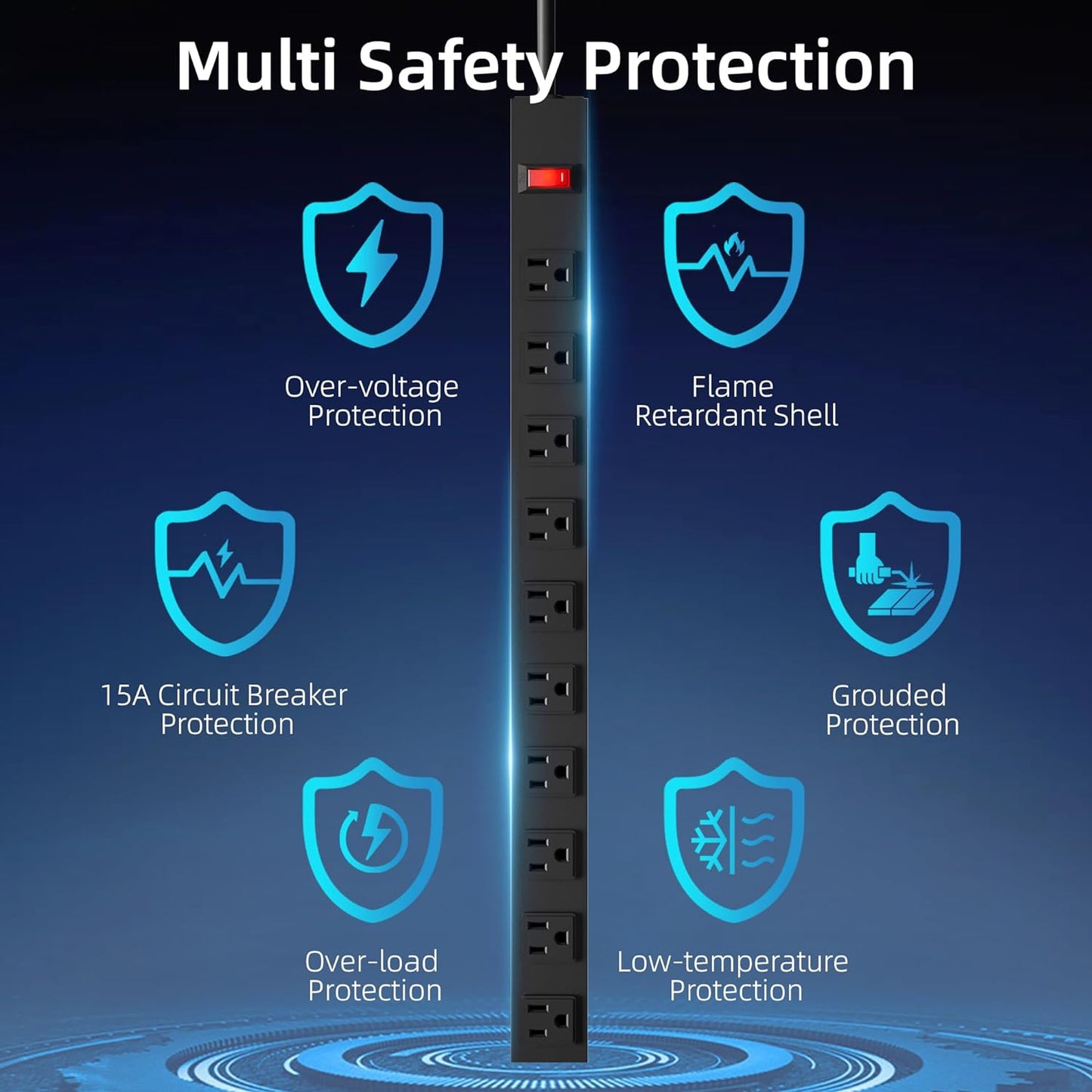 10 Outlet Metal Power Strip,8FT Long Extension Cord Heavy Duty for Kitchen,Office,School,Commercial,Workshop,Industrial,ETL Certified and Listed Socket,1825W/125V/15A,Black(8FT)