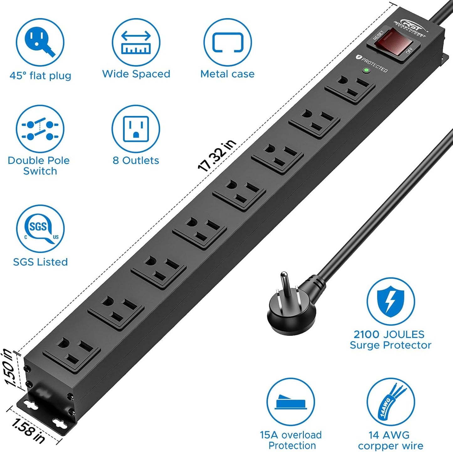 CRST 2 Pack 8 Outlet Metal Heavy Duty Power Strip with Switch, 2100J Surge Protector, Mountable Wide Spaced Power Strip, 6 FT 14AWG, 15A/1875W