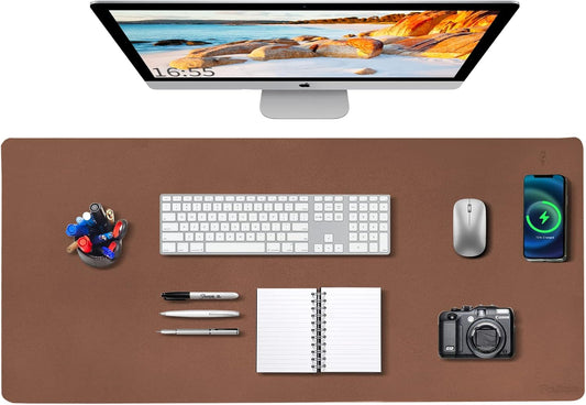 Desk Mat Wireless Charging Mouse Pad Large 32x16 Journey Desk Pad Mat with Wireless Charger Waterproof Leather Computer Mat with Phone Charger Mousepad Non-Slip for Keyboard and Mouse
