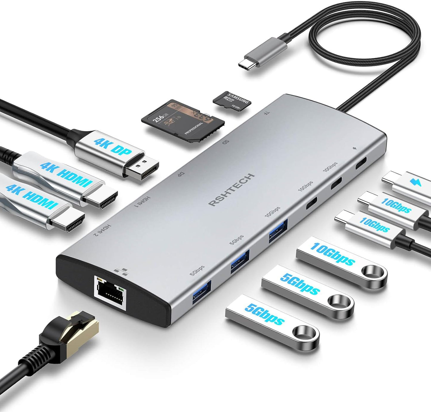 RSHTECH USB C Hub Docking Station Dual Monitor 12 in 1 Triple Display Multiport Adapter with 2 HDMI, 4K DP, 3 USB 3.2 10Gbps, 2 USB 3.0 Ports, 100W PD, Gigabit Ethernet, SD/TF for MacBook, Laptops