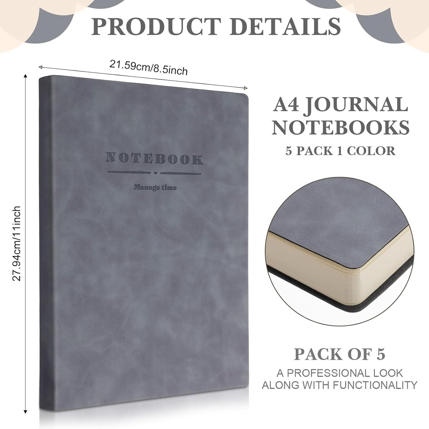 SATINIOR 5 Pack A4 Notebooks Large Journal 360 Pages Leather Softcover Hardcover Notebooks Thick Paper Lined Notepad for Office School Business Note Taking Writing, 8.5'' x 11''(Gray)
