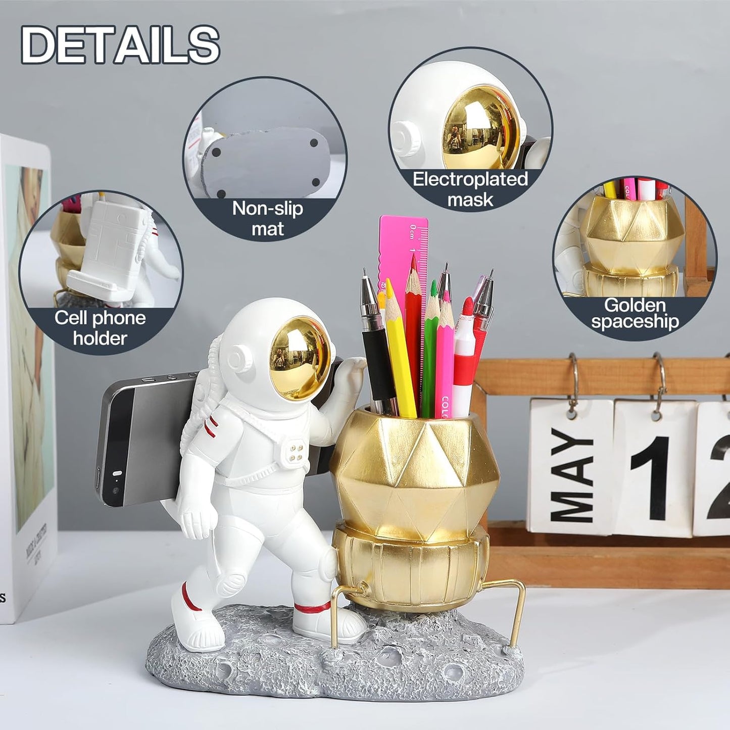 Astronaut Pen Pencil Holder with Phone Stand Resin Spaceman Pencil Holder Desk Pen Holder Organizer Decorative Accessories Suitable Office Classroom Home Creative Gifts for Adults and Kids