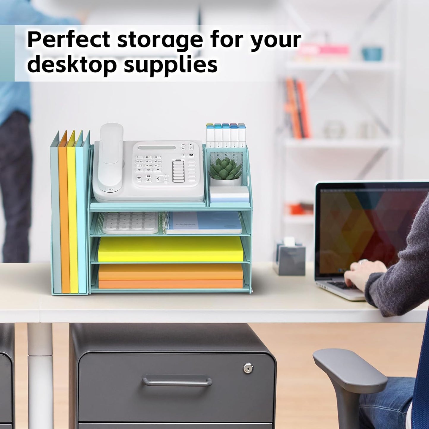 DocNest 4 Tier Paper Letter Tray File Organizer, Mesh Desk File with Handle, Workspace Desk Organizers with Pen Holder, Office Organization Storage Accessories - Blue