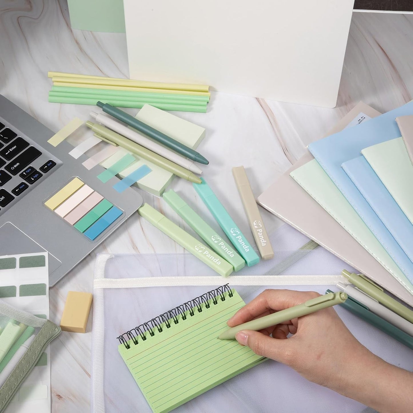 Colarr 54 Pieces Aesthetic School Supplies Including Pastel Highlighters Document Bags Pencils Notebooks Pencil Pouch Ink Pens Sticky Notes Erasers Back to School Gift Stationary Kit(Green)