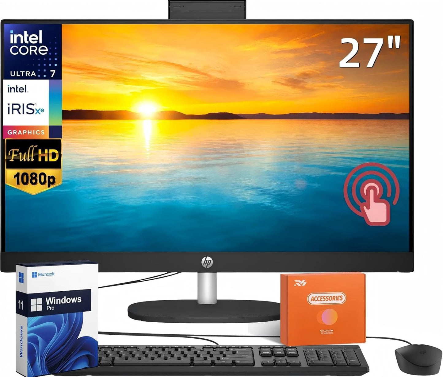 HP 27" FHD Touchscreen Business All-in-One Desktop Computer, Intel 12-Core Ultra 7 155U (Beats i7-1355U), 32 GB DDR5 RAM, 2 TB SSD, Intel Iris Xe Graphics, Wired KB & Mouse, Wi-Fi 6, Windows 11 Pro