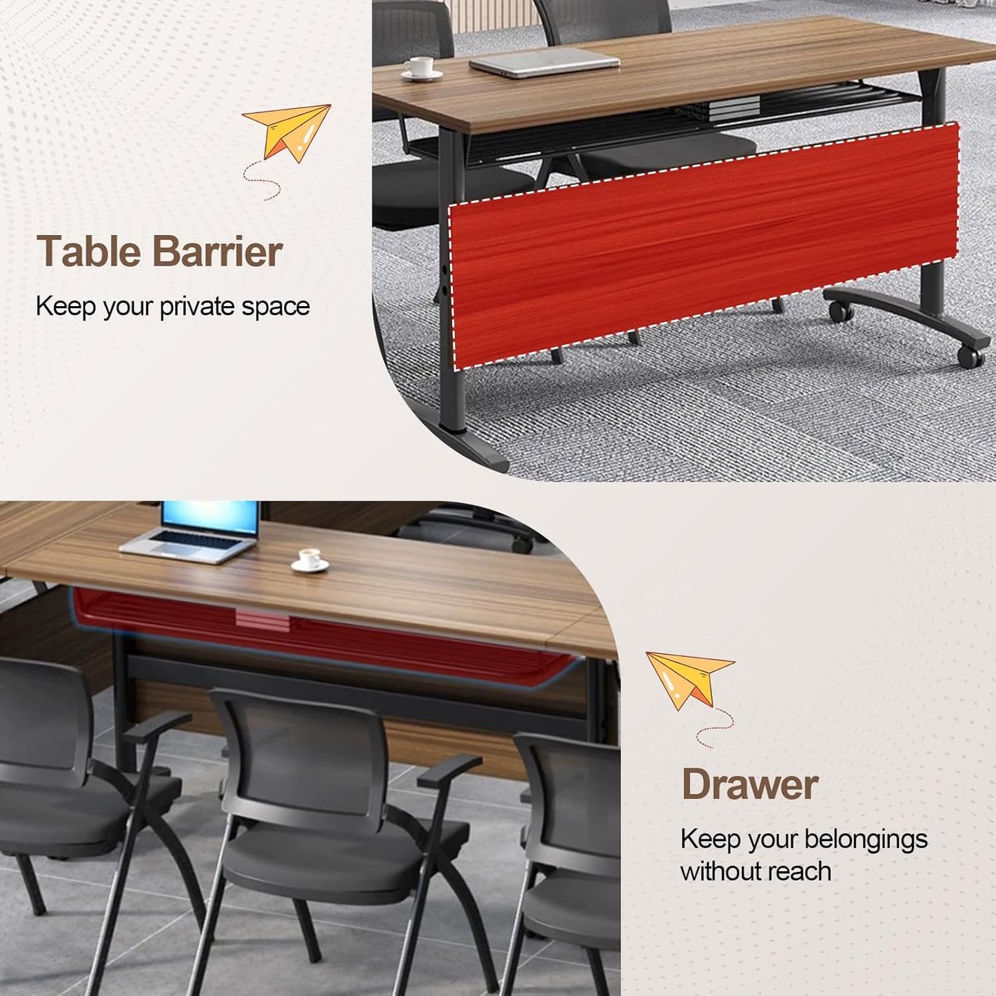 Folding Conference Room Table, Modern Conference Tables with Wheels, Large Rectangular Mobile Training Tables for Office Classroom, Foldable Modular Boardroom Seminar Table Walnut (2pack L55.1in)