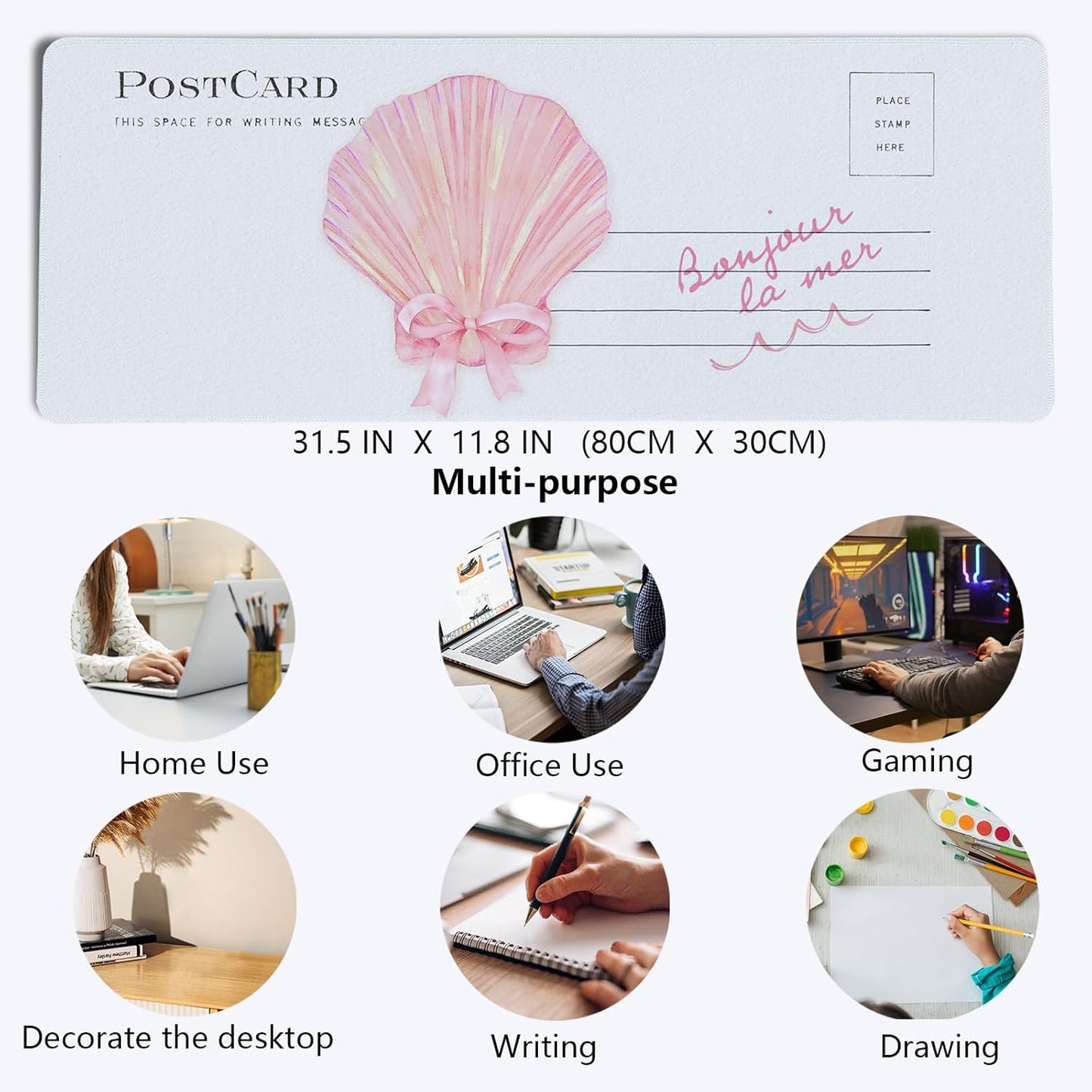 Pink Seashell Bow Mouse Pad,Ocean Themed Desk Mat,Pink XL Large Coastal Beachy Mouse Pad,Girly Summer Beachy Gaming Pads,Preppy Girly Desk Mat,Summer Beachy Desktop Decor Art,31.5x11.8 Inch