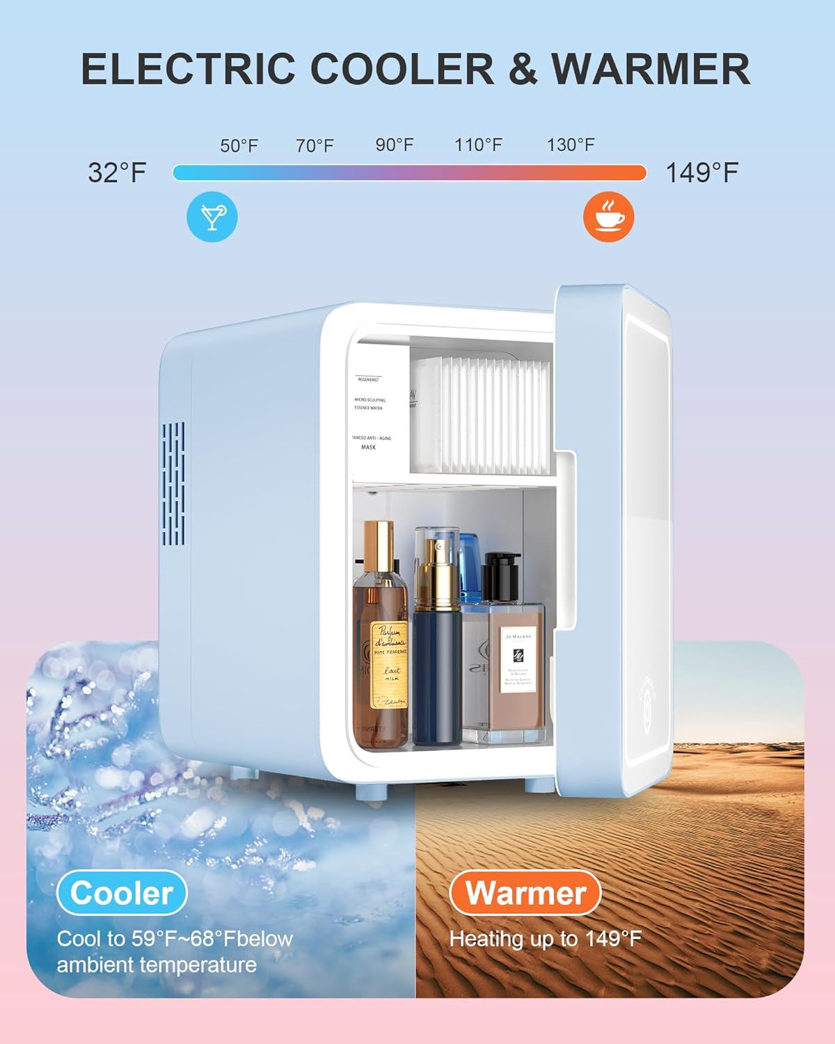 Skincare Fridge With Dimmable LED Light Mirror, 4L Makeup Mini Fridge for Bedroom, Car, Office & Dorm, Cooler & Warmer, Portable Small Refrigerator for Cosmetics, Skin Care and Food, Blue