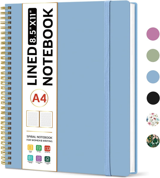 Taja Spiral Lined Notebook, 8.5"x11" Notebooks for Work, Large A4 Journal for Women & Men, College Ruled Journaling Notebook for Writing, Plastic Cover Spiral Journal, Blue