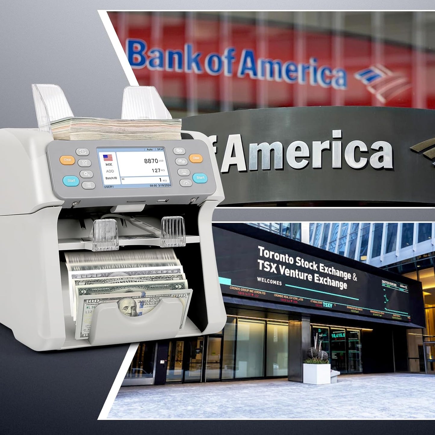 RIBAO MC-165 Two-Pocket Mixed Denomination Money Counter Machine, Value Counting, White Bill Counter Multi Currency, CIS/UV/MG/IR Counterfeit Detection for Business