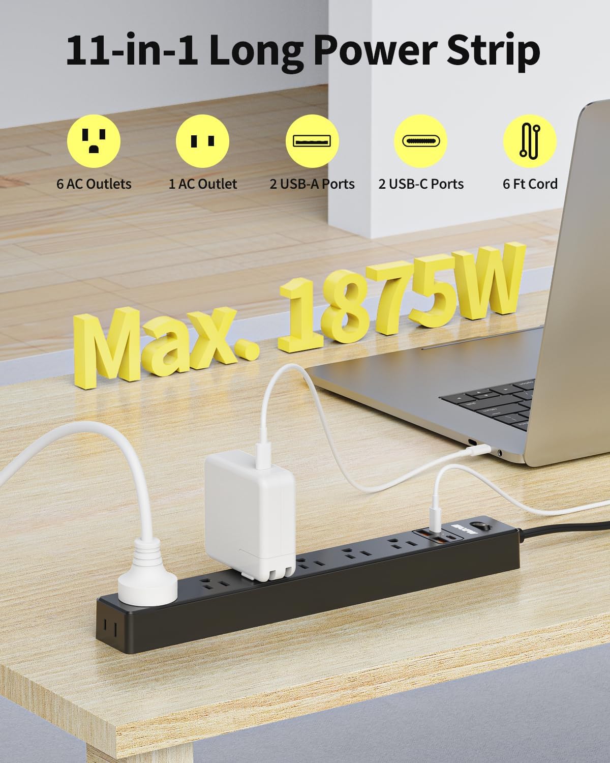 6 Ft Power Strip Surge Protector - 7 Outlets 4 USB Ports (2 USB C), Ultra Thin Flat Extension Cord & Flat Plug, 1700 Joules, Wall Mount, Desk Charging Station for Home Office Dorm, Black
