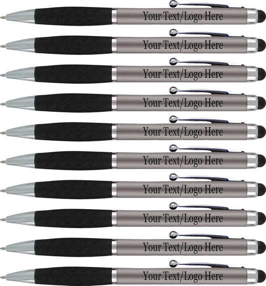 Personalized Pens With your Custom Logo or Text-300 Pack Bulk-for Businesses, Parties, and Events, 2 in 1 Ballpoint Pen & Stylus Compatible with Touchscreen Devices, Grey Barrel, Black Ink