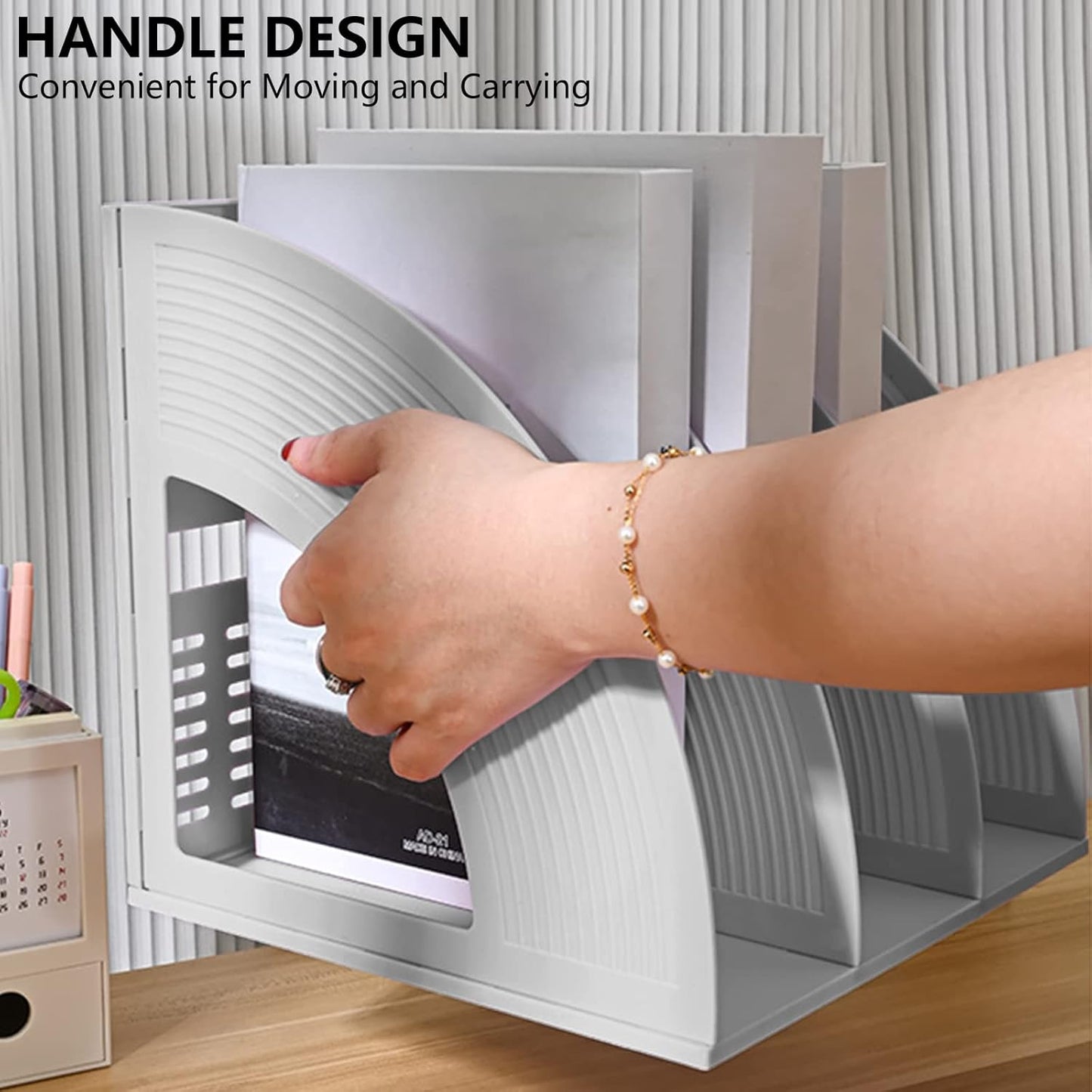 SAYEEC Magazine File Holder Folder Storage Desktop Standing Hollow File Bookshelf Organizer Office Racks Displays Holds Notebooks Documents (3 Compartments - Light Grey x 2)