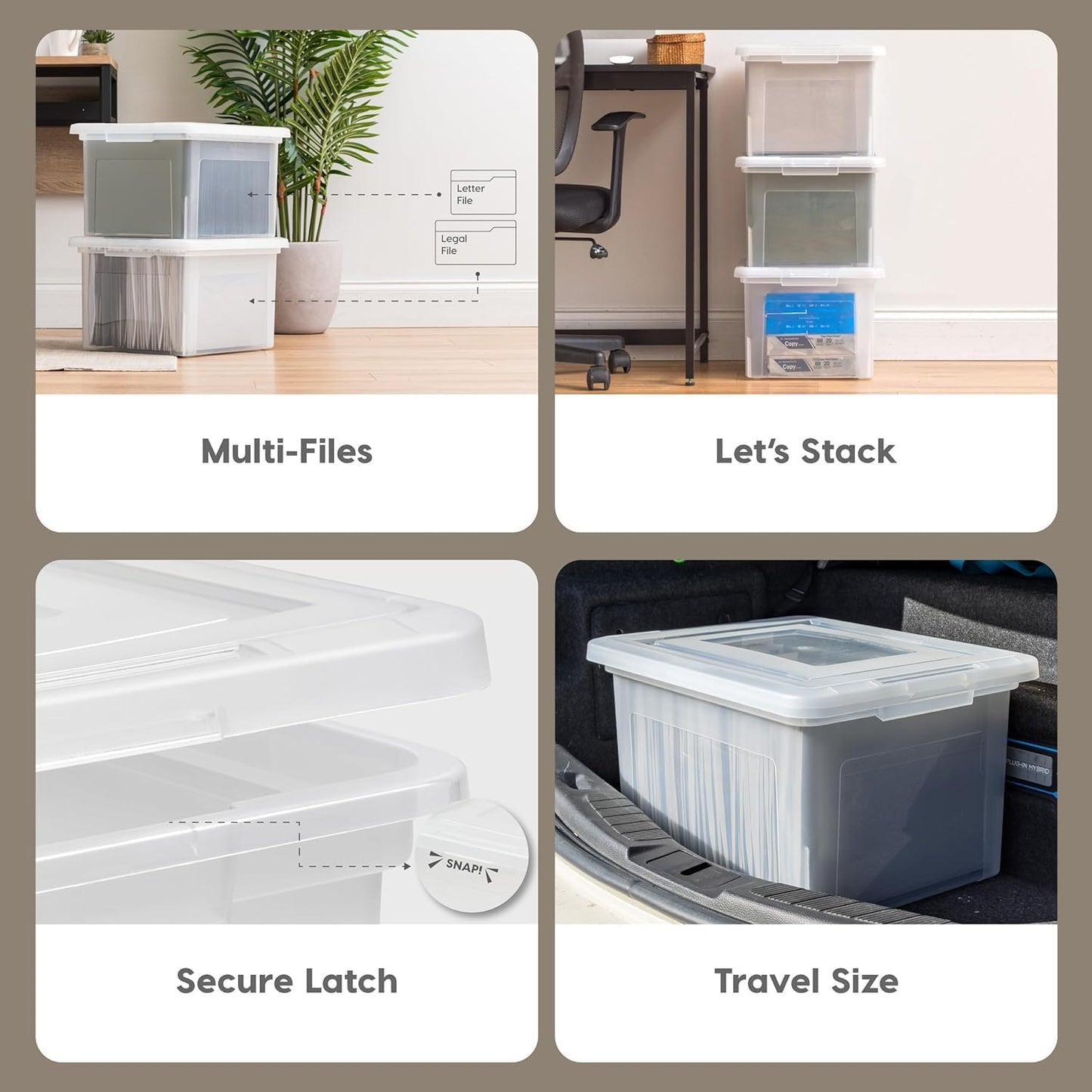 IRIS USA File Box, Plastic File Organizer with Lids for Letter/Legal File, Portable Document Box For Moving, Storage Bin with Durable and Secure Lid, Stackable Nestable BPA-Free, Pearl 35 Qt. 4 Pack