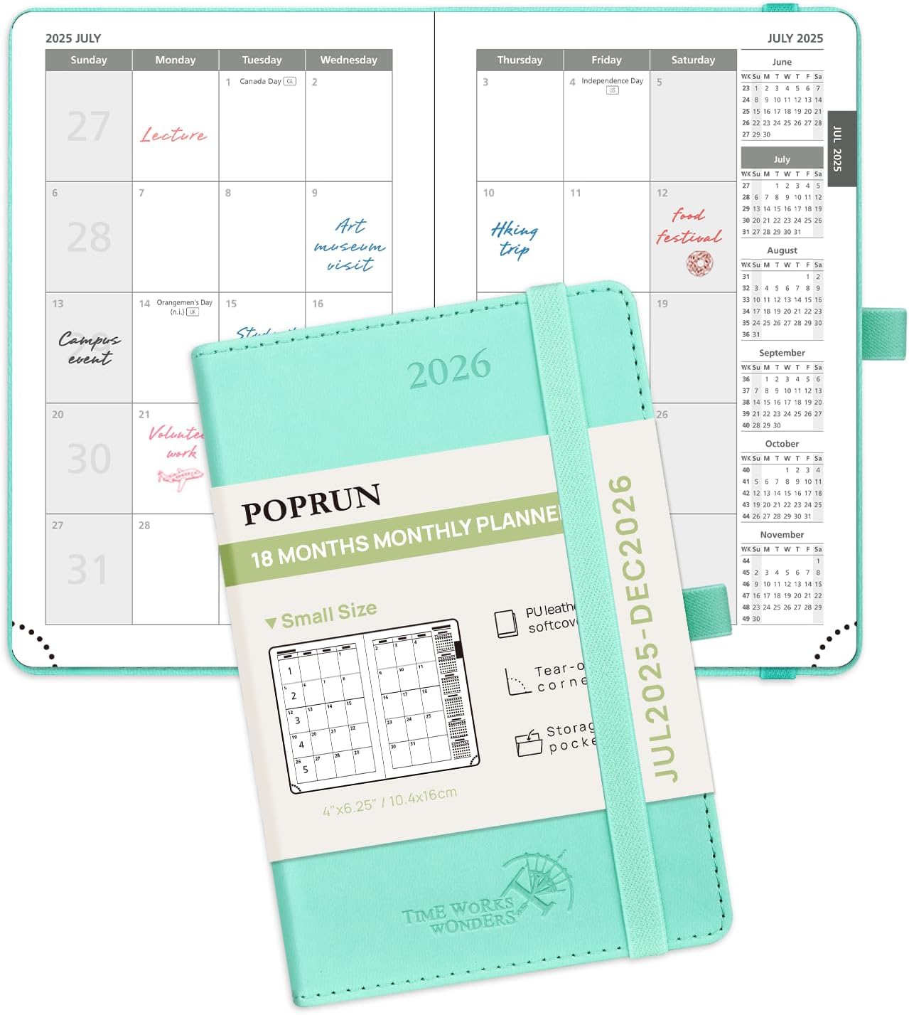 POPRUN Pocket Monthly Planner 2025-2026 (Pocket- 4''x 6.25''Soft Leather Cover) - 18 Month Calendar Book for Purse (Jul.2025-Dec.2026), 100 GSM Thick Paper - Green
