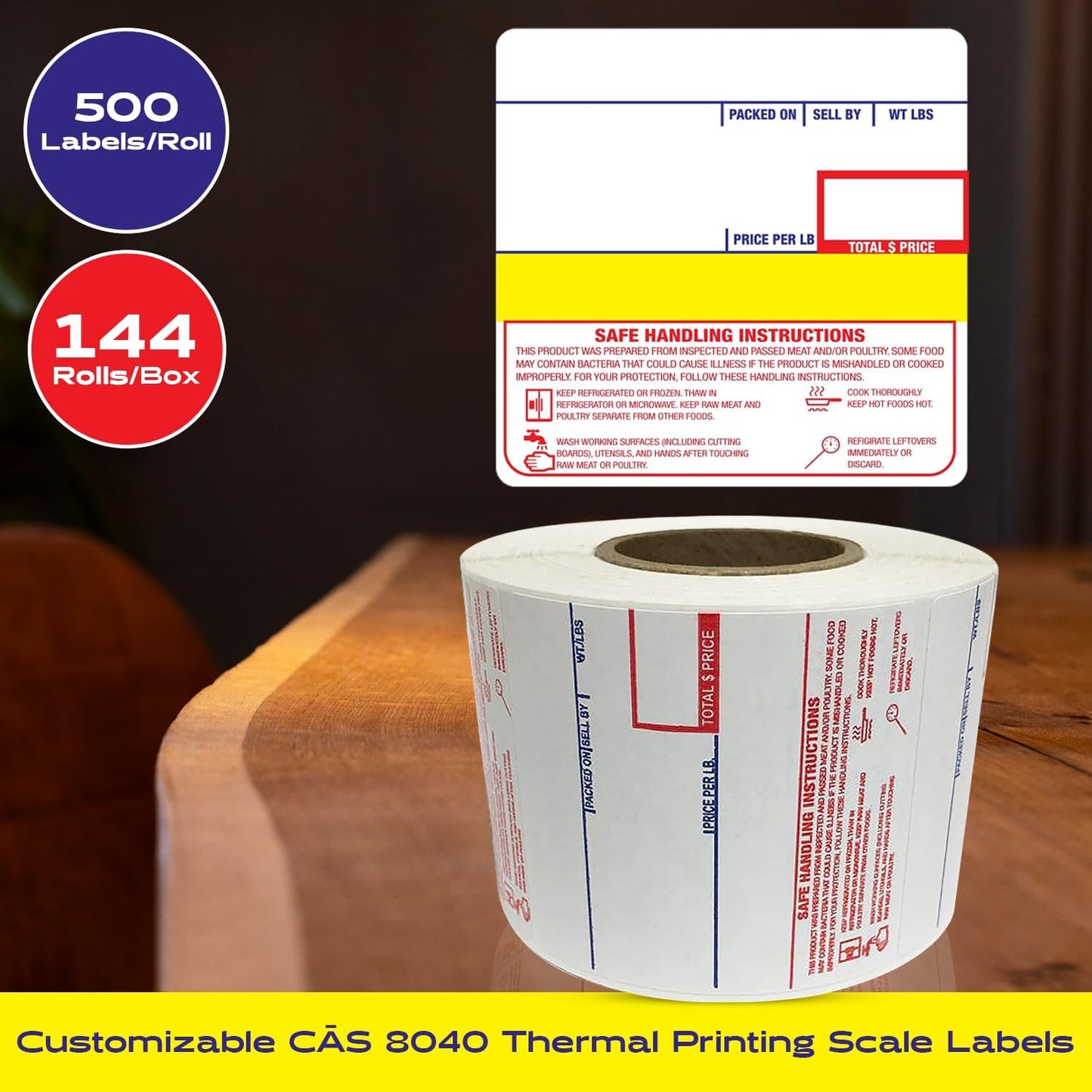 CEPRICO - Customizable CĀS Scale Labels - 144 Rolls of Thermal Printing Scale Labels – Compatible with CĀS LST-8040 | Safe Handling Instruction | Ideal for Supermarkets, Retailers and Grocery Stores